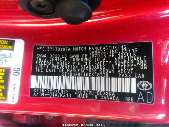 Photo 8 VIN: 2T1BURHE4GC518338 - TOYOTA COROLLA 