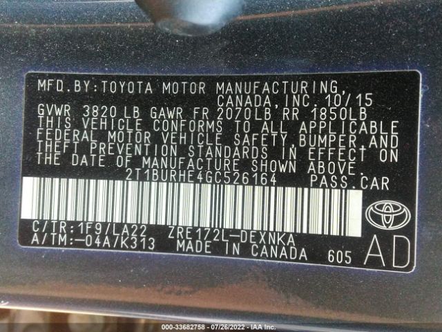 Photo 8 VIN: 2T1BURHE4GC526164 - TOYOTA COROLLA 