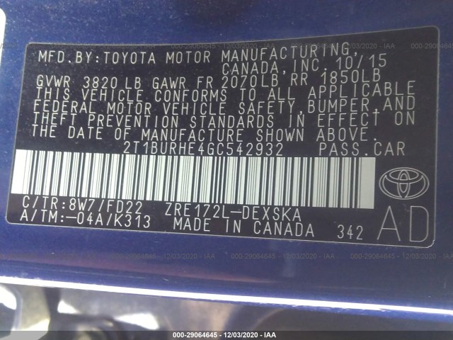 Photo 8 VIN: 2T1BURHE4GC542932 - TOYOTA COROLLA 