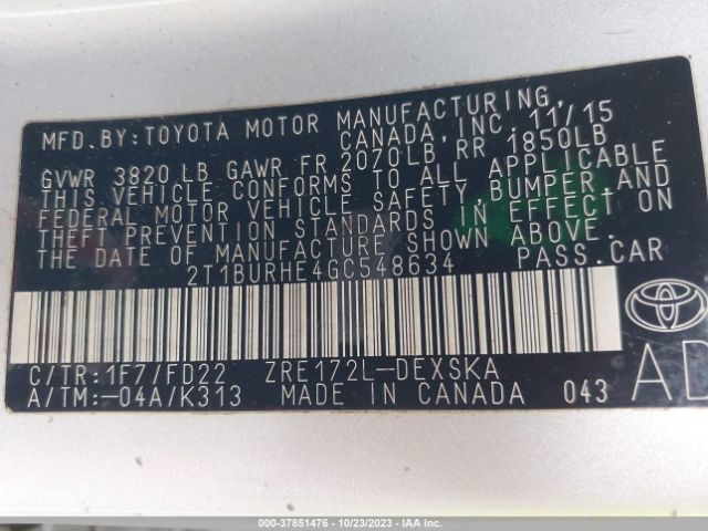 Photo 8 VIN: 2T1BURHE4GC548634 - TOYOTA COROLLA 