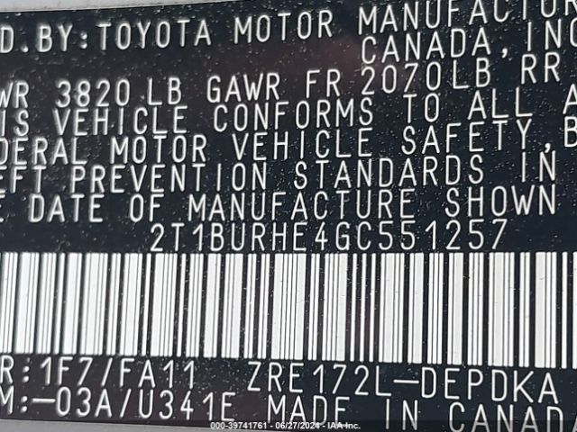 Photo 8 VIN: 2T1BURHE4GC551257 - TOYOTA COROLLA 