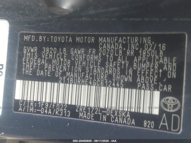 Photo 8 VIN: 2T1BURHE4GC612445 - TOYOTA COROLLA 