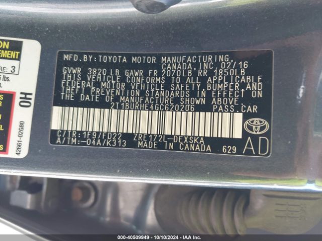 Photo 8 VIN: 2T1BURHE4GC620206 - TOYOTA COROLLA 