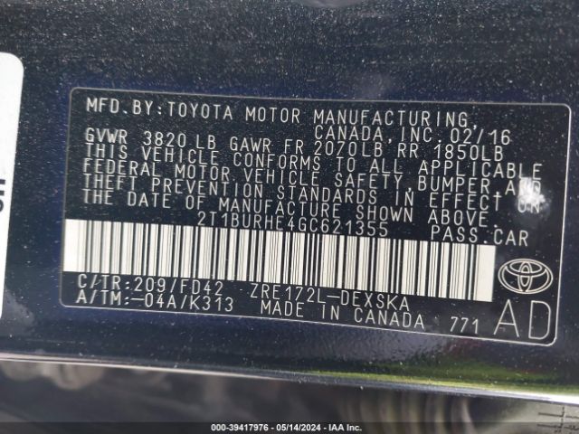 Photo 8 VIN: 2T1BURHE4GC621355 - TOYOTA COROLLA 