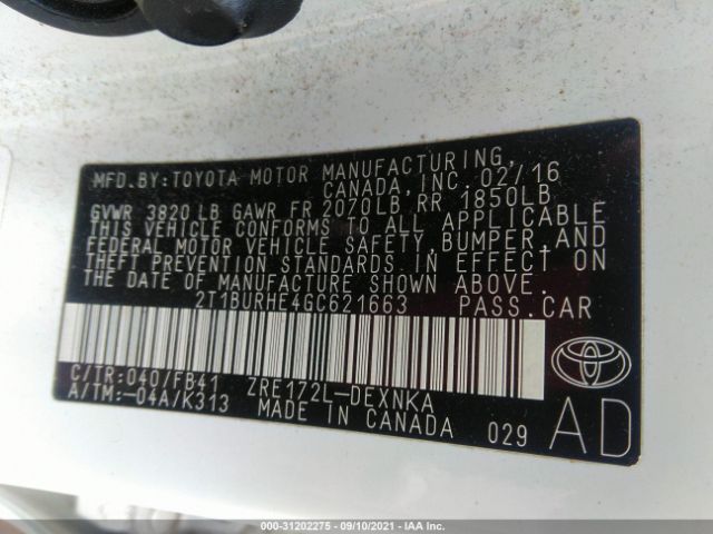 Photo 8 VIN: 2T1BURHE4GC621663 - TOYOTA COROLLA 