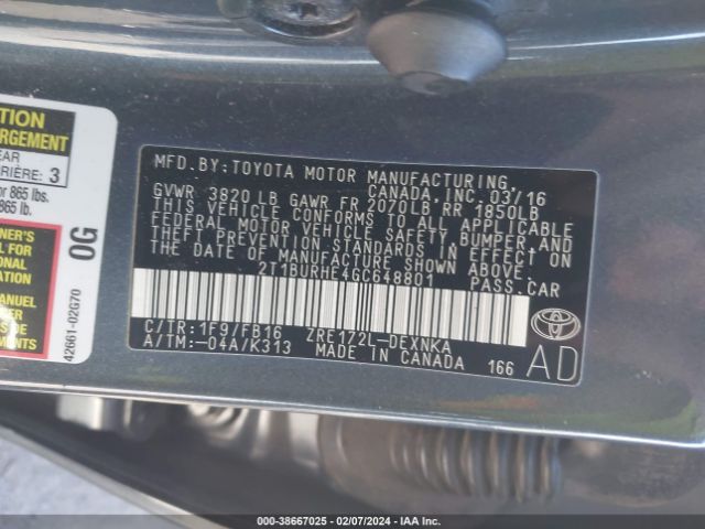 Photo 8 VIN: 2T1BURHE4GC648801 - TOYOTA COROLLA 