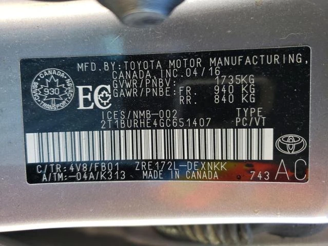 Photo 12 VIN: 2T1BURHE4GC651407 - TOYOTA COROLLA L 