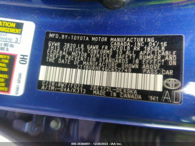 Photo 8 VIN: 2T1BURHE4GC652749 - TOYOTA COROLLA 