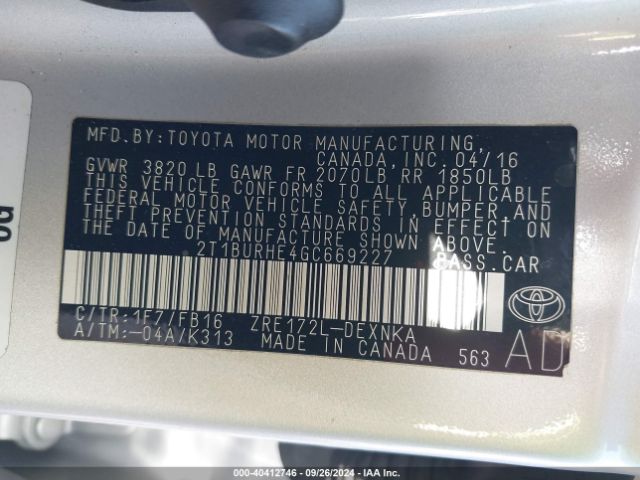 Photo 8 VIN: 2T1BURHE4GC669227 - TOYOTA COROLLA 