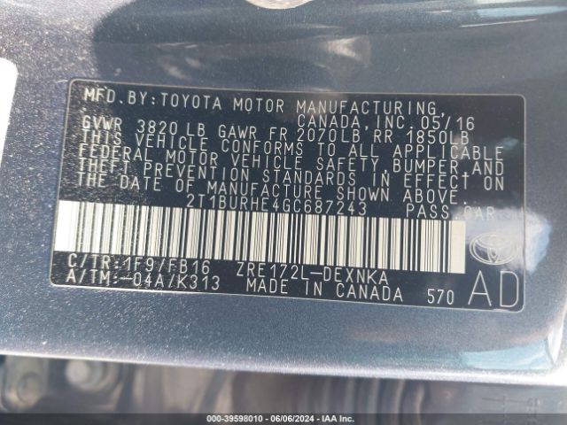 Photo 8 VIN: 2T1BURHE4GC687243 - TOYOTA COROLLA 