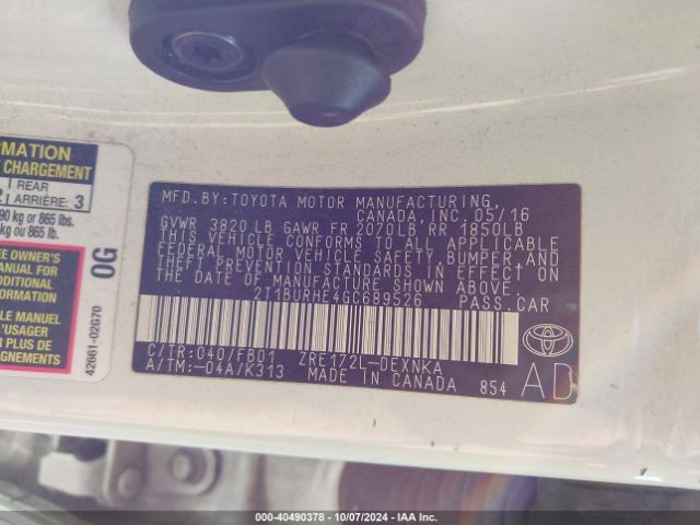 Photo 8 VIN: 2T1BURHE4GC689526 - TOYOTA COROLLA 