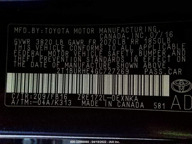 Photo 8 VIN: 2T1BURHE4GC727269 - TOYOTA COROLLA 