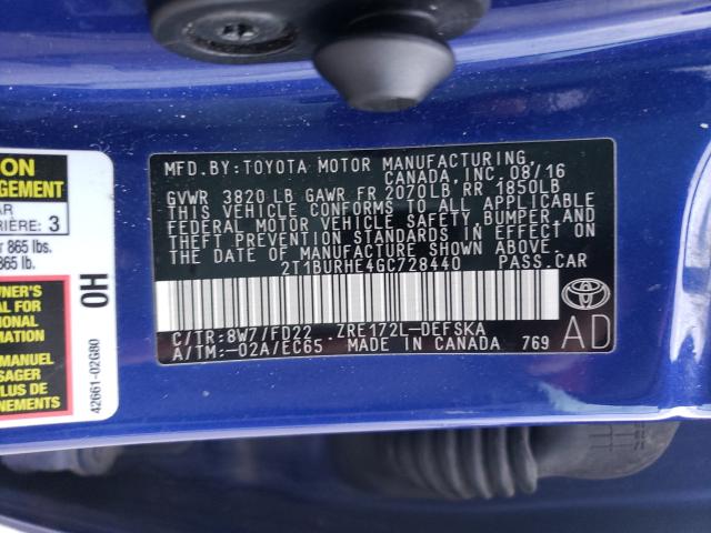 Photo 9 VIN: 2T1BURHE4GC728440 - TOYOTA COROLLA L 