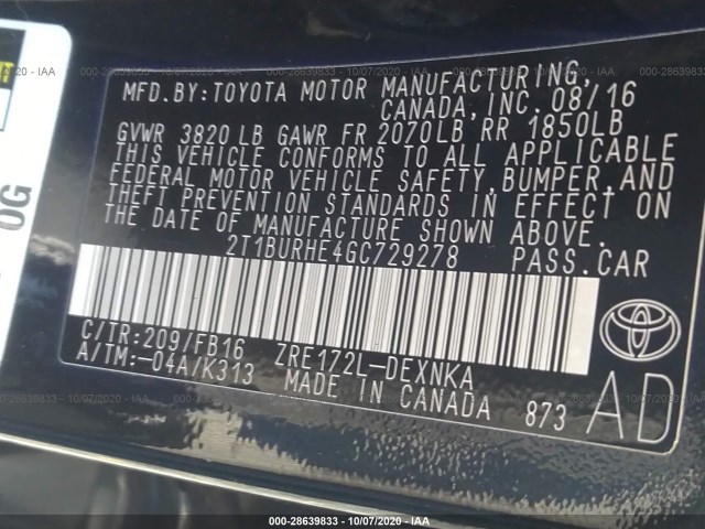 Photo 8 VIN: 2T1BURHE4GC729278 - TOYOTA COROLLA 