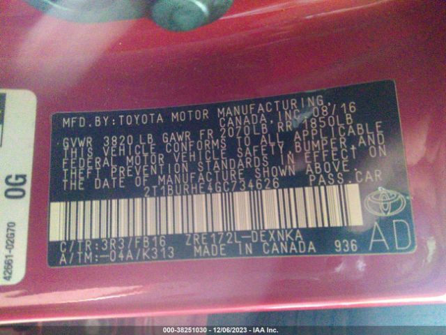 Photo 8 VIN: 2T1BURHE4GC734626 - TOYOTA COROLLA 