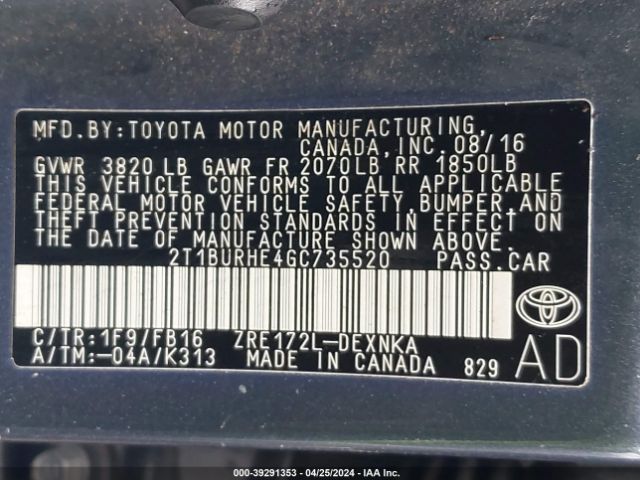 Photo 8 VIN: 2T1BURHE4GC735520 - TOYOTA COROLLA 