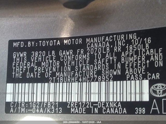 Photo 8 VIN: 2T1BURHE4HC778952 - TOYOTA COROLLA 