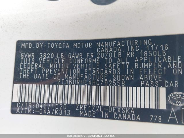 Photo 8 VIN: 2T1BURHE4HC792558 - TOYOTA COROLLA 