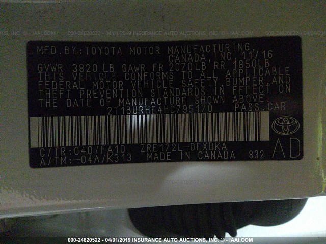 Photo 8 VIN: 2T1BURHE4HC795170 - TOYOTA COROLLA 