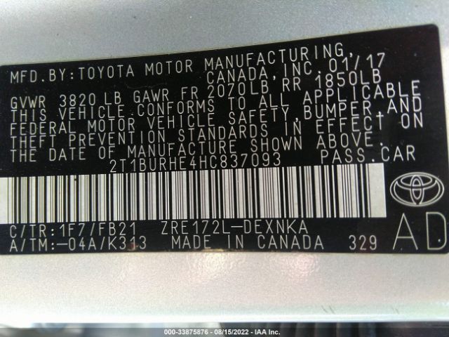 Photo 8 VIN: 2T1BURHE4HC837093 - TOYOTA COROLLA 