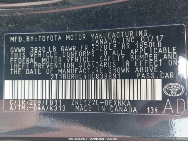 Photo 8 VIN: 2T1BURHE4HC838891 - TOYOTA COROLLA 