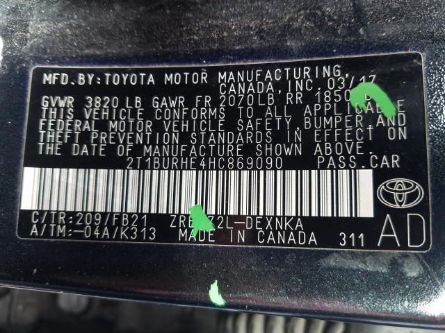 Photo 9 VIN: 2T1BURHE4HC869090 - TOYOTA COROLLA L 