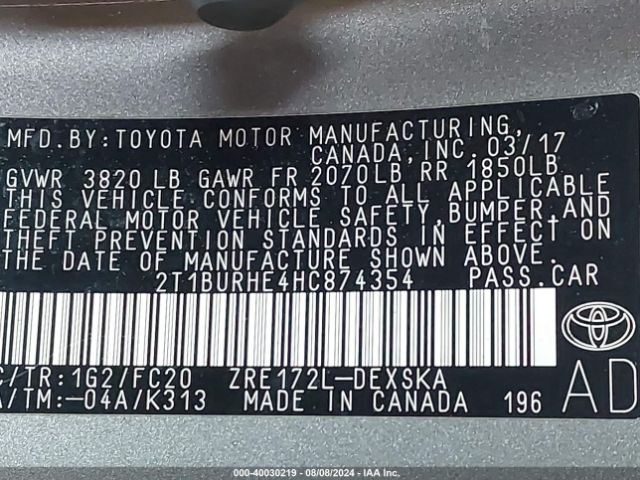 Photo 8 VIN: 2T1BURHE4HC874354 - TOYOTA COROLLA 