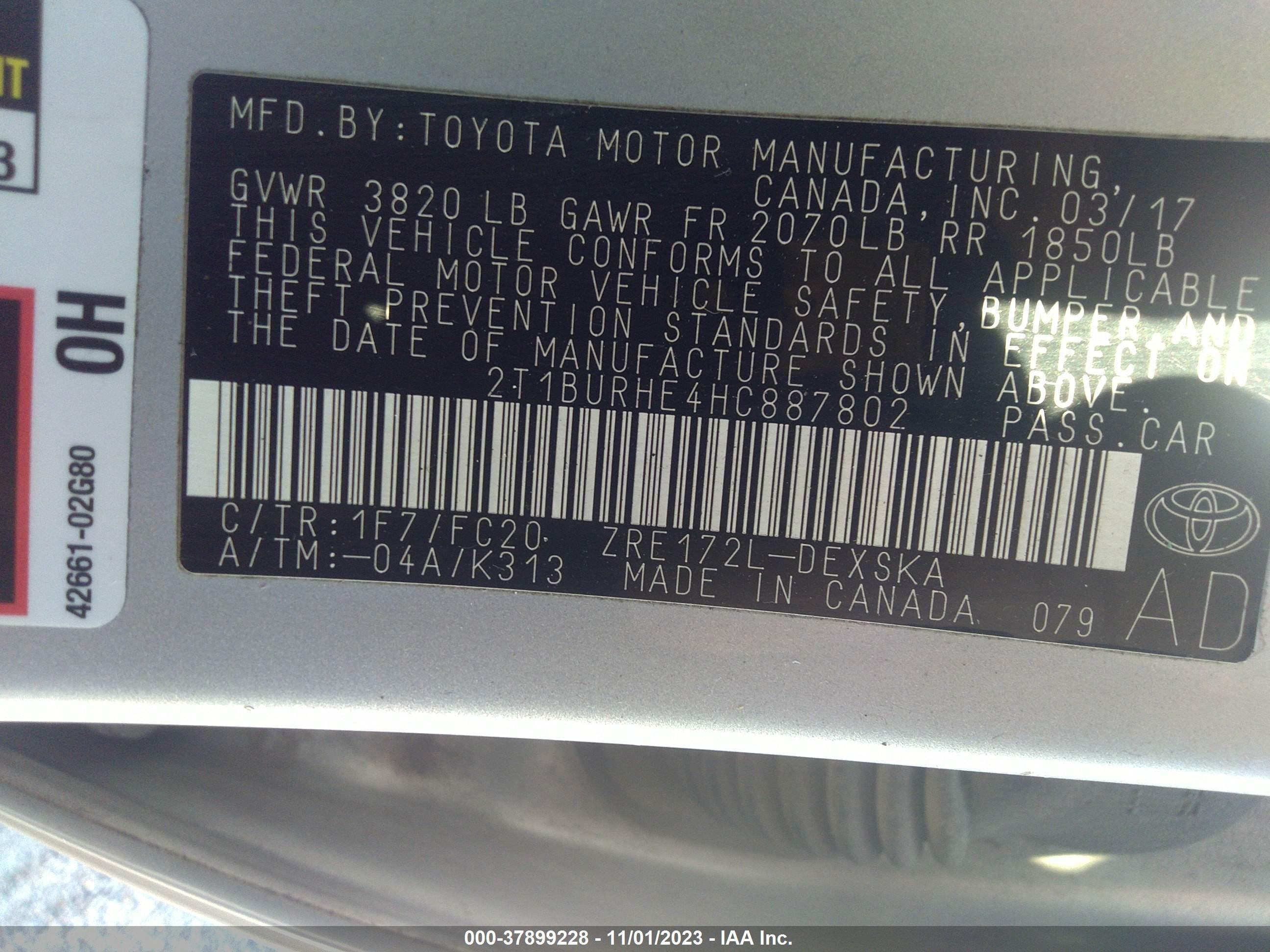 Photo 8 VIN: 2T1BURHE4HC887802 - TOYOTA COROLLA 