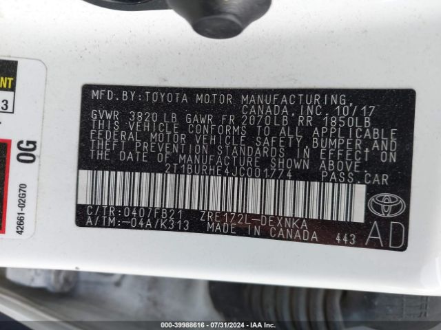 Photo 8 VIN: 2T1BURHE4JC001774 - TOYOTA COROLLA 