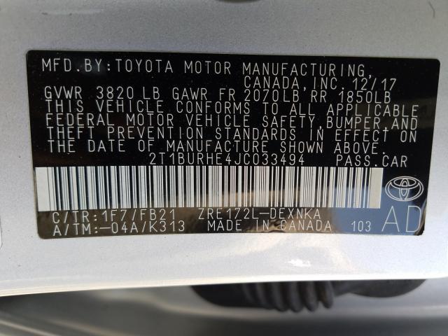 Photo 9 VIN: 2T1BURHE4JC033494 - TOYOTA COROLLA L 