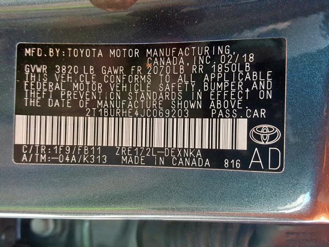 Photo 9 VIN: 2T1BURHE4JC069203 - TOYOTA COROLLA L 