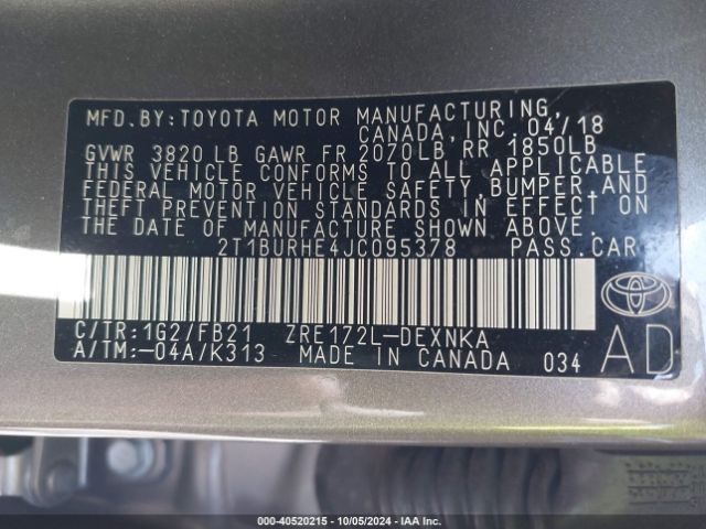 Photo 8 VIN: 2T1BURHE4JC095378 - TOYOTA COROLLA 