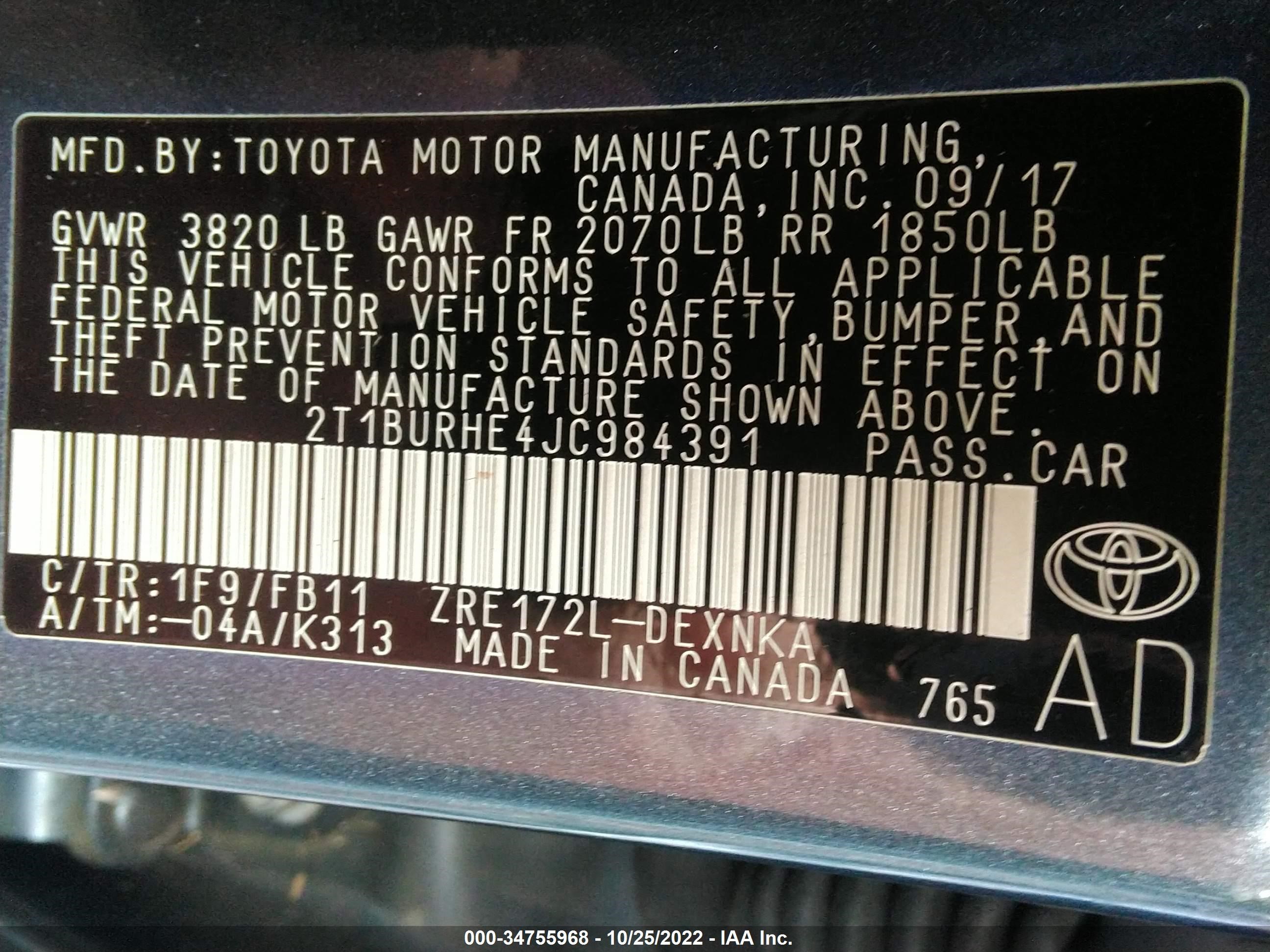 Photo 8 VIN: 2T1BURHE4JC984391 - TOYOTA COROLLA 