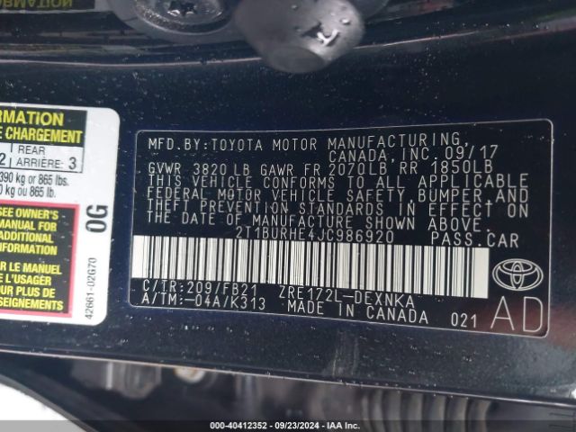 Photo 8 VIN: 2T1BURHE4JC986920 - TOYOTA COROLLA 