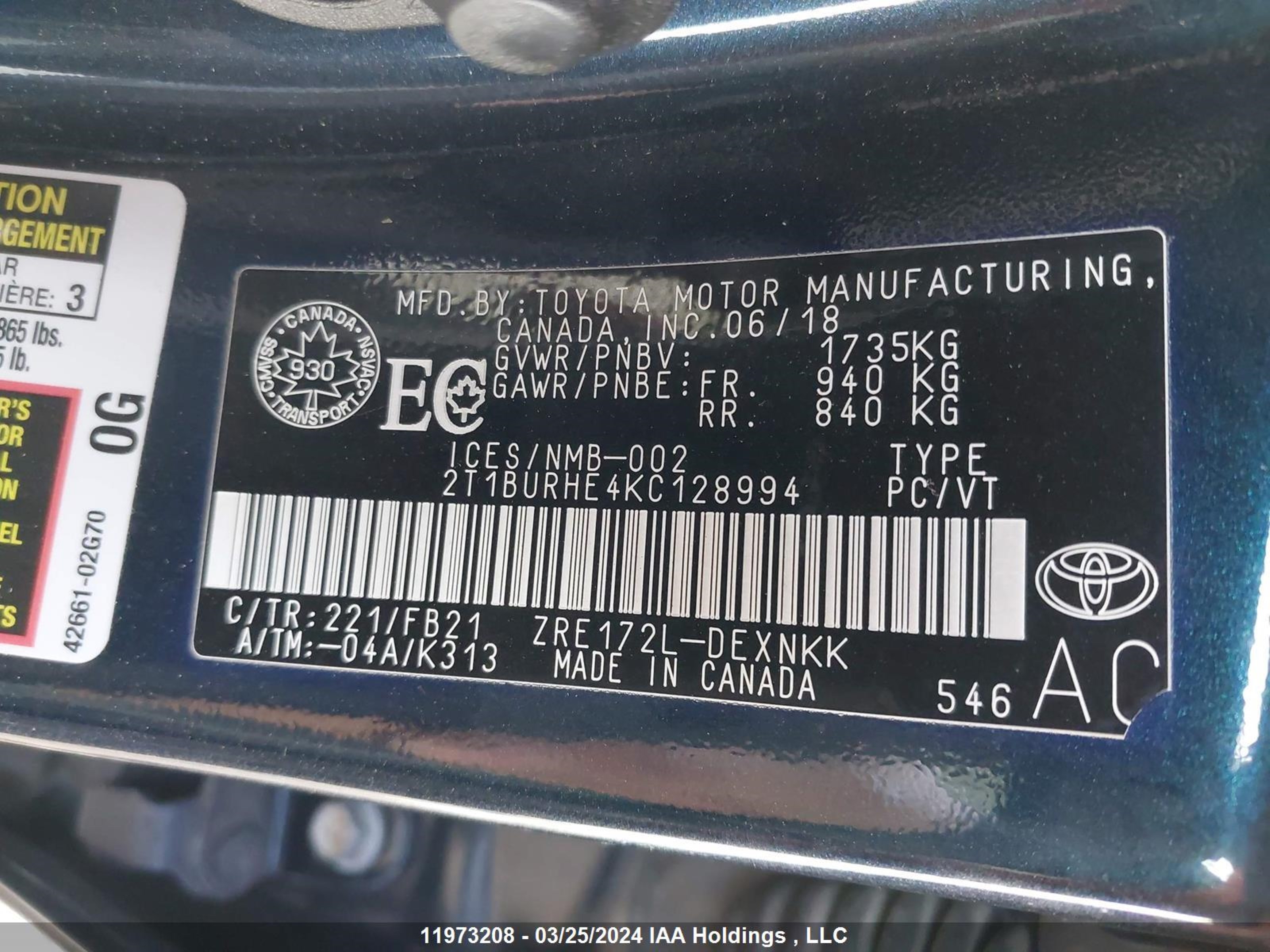 Photo 8 VIN: 2T1BURHE4KC128994 - TOYOTA COROLLA 