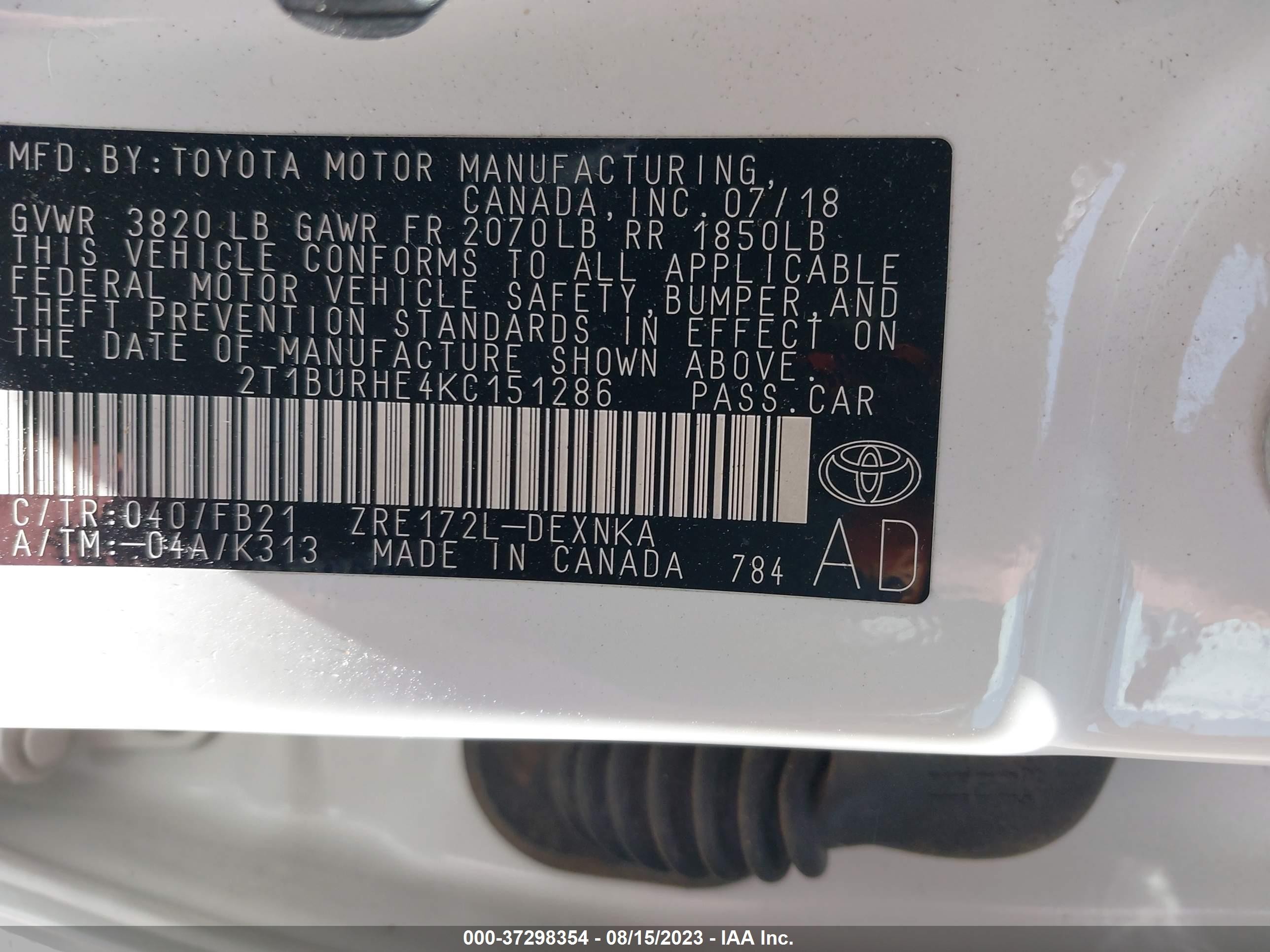 Photo 8 VIN: 2T1BURHE4KC151286 - TOYOTA COROLLA 