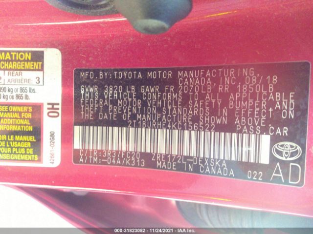 Photo 8 VIN: 2T1BURHE4KC156522 - TOYOTA COROLLA 