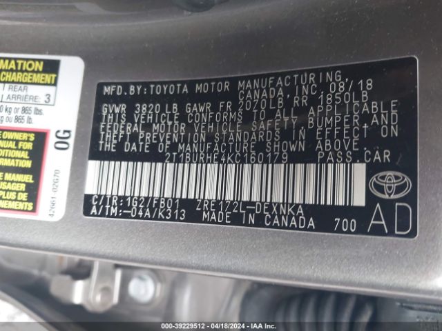 Photo 8 VIN: 2T1BURHE4KC160179 - TOYOTA COROLLA 