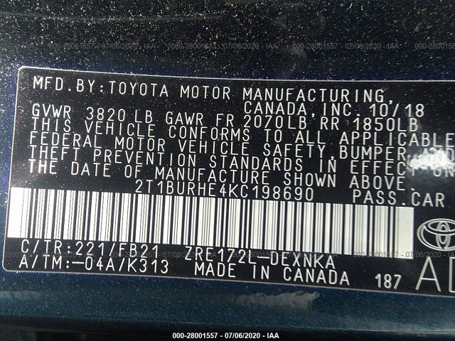 Photo 8 VIN: 2T1BURHE4KC198690 - TOYOTA COROLLA 