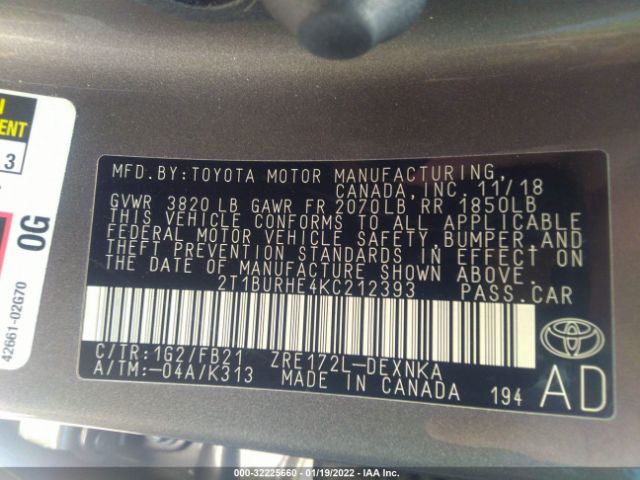 Photo 8 VIN: 2T1BURHE4KC212393 - TOYOTA COROLLA 