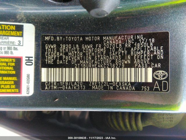 Photo 8 VIN: 2T1BURHE4KC216279 - TOYOTA COROLLA 