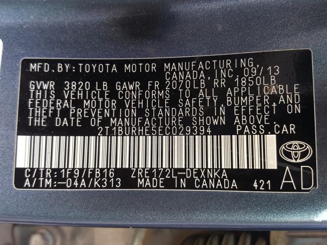 Photo 9 VIN: 2T1BURHE5EC029394 - TOYOTA COROLLA L 