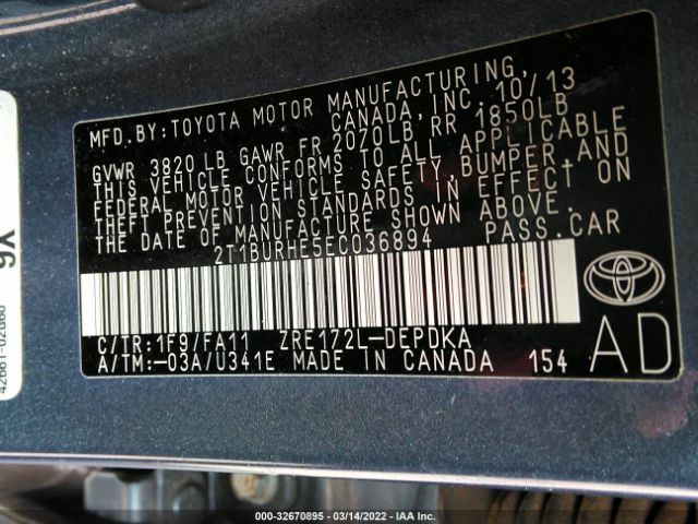 Photo 8 VIN: 2T1BURHE5EC036894 - TOYOTA COROLLA 