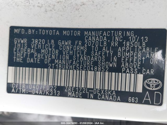 Photo 8 VIN: 2T1BURHE5EC048852 - TOYOTA COROLLA 