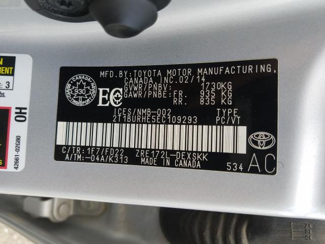 Photo 9 VIN: 2T1BURHE5EC109293 - TOYOTA COROLLA L 