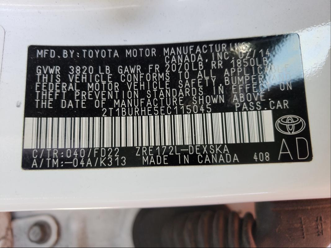 Photo 9 VIN: 2T1BURHE5EC115045 - TOYOTA COROLLA L 