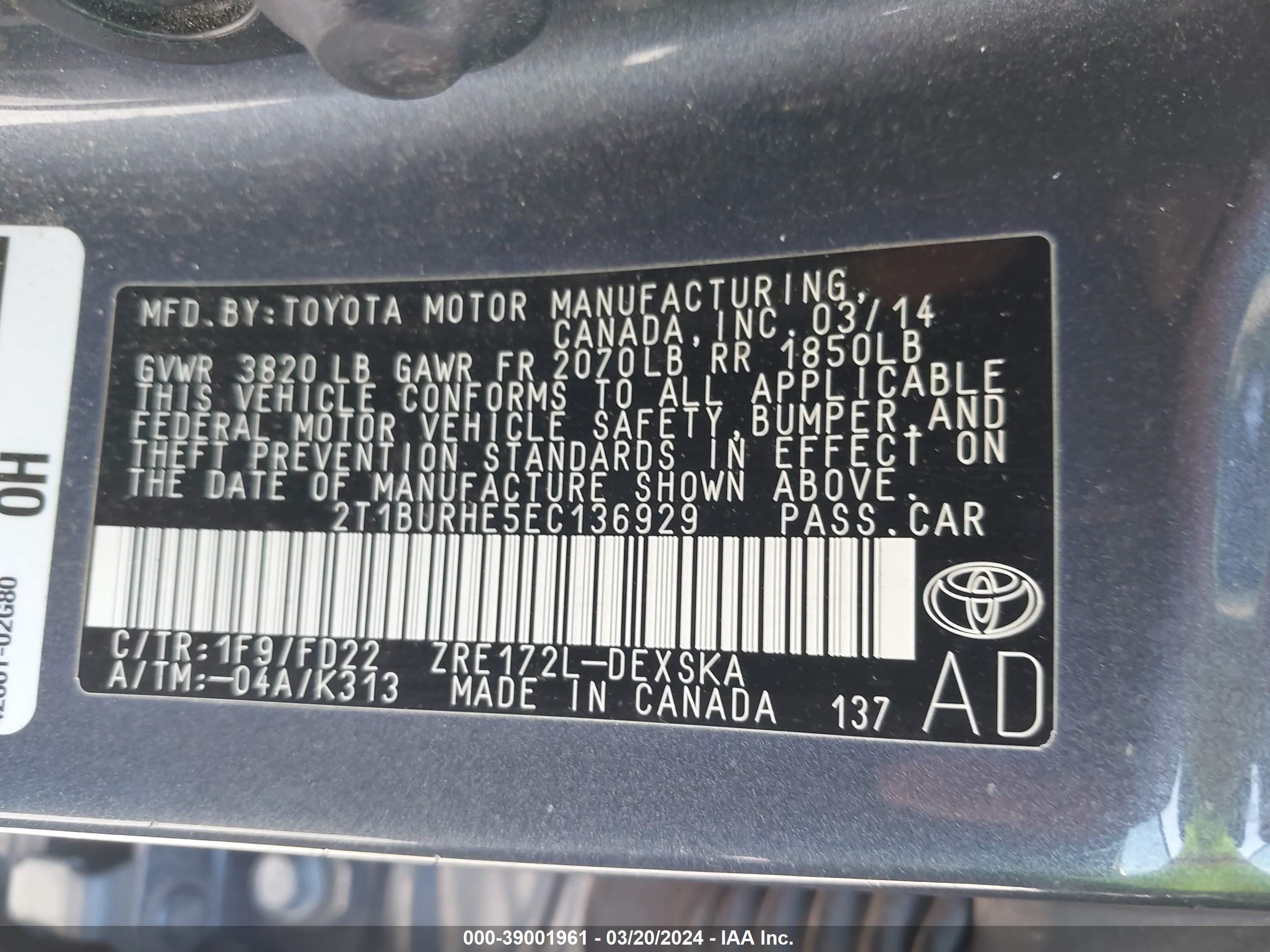 Photo 8 VIN: 2T1BURHE5EC136929 - TOYOTA COROLLA 