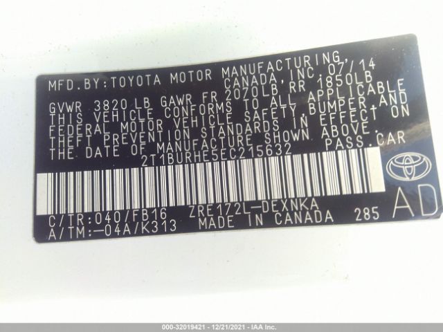 Photo 8 VIN: 2T1BURHE5EC215632 - TOYOTA COROLLA 