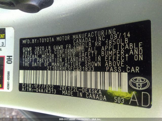 Photo 8 VIN: 2T1BURHE5FC231833 - TOYOTA COROLLA 