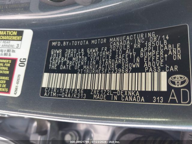 Photo 8 VIN: 2T1BURHE5FC239687 - TOYOTA COROLLA 